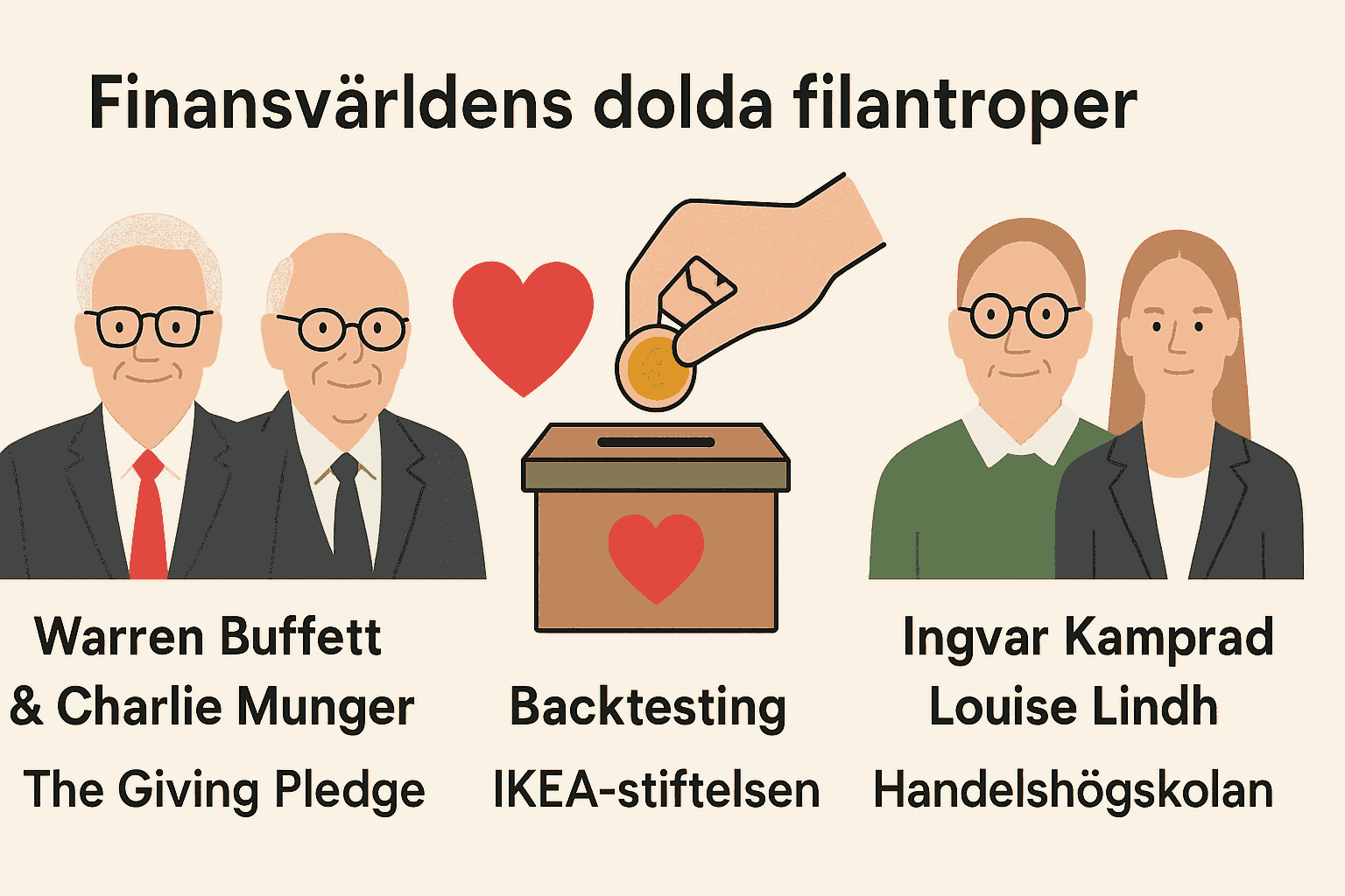 Infografik som visar Warren Buffett, Charlie Munger, Ingvar Kamprad och Louise Lindh som filantroper med koppling till välgörenhetsinitiativ.