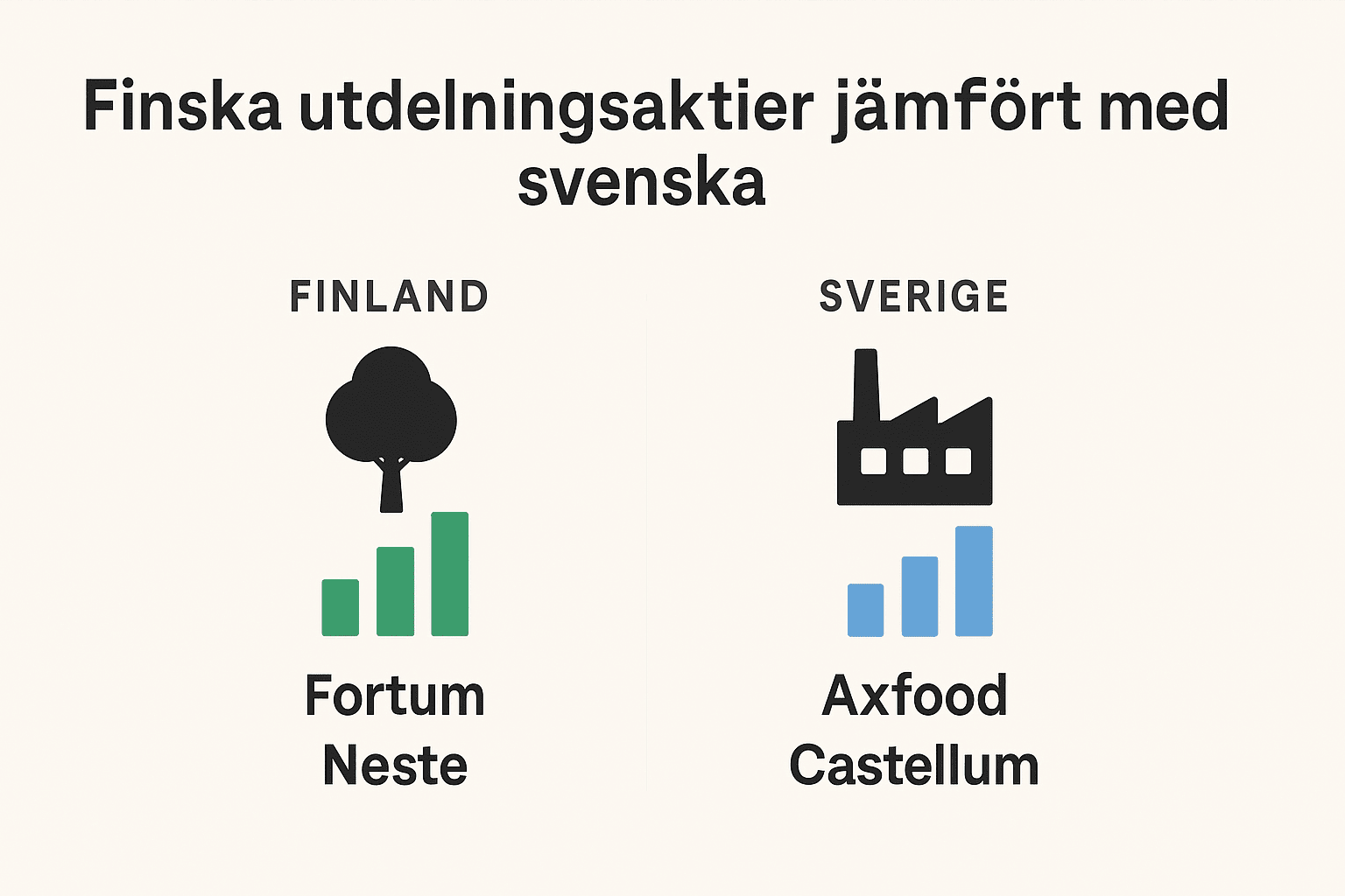 Finska utdelningsaktier – Bästa aktierna på Helsingforsbörsen 2 Samuelssons Rapport Infografik som jämför finska och svenska utdelningsaktier med ikoner för träd och fabrik samt bolag som Fortum, Neste, Axfood och Castellum.