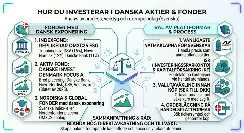 En omfattande infografik som förklarar hur man investerar i danska aktier och fonder, med detaljer om indexfonder som replikerar OMXC25 ESG, val av plattformar som Avanza och Nordnet, samt processen för valutaväxling och orderläggning.