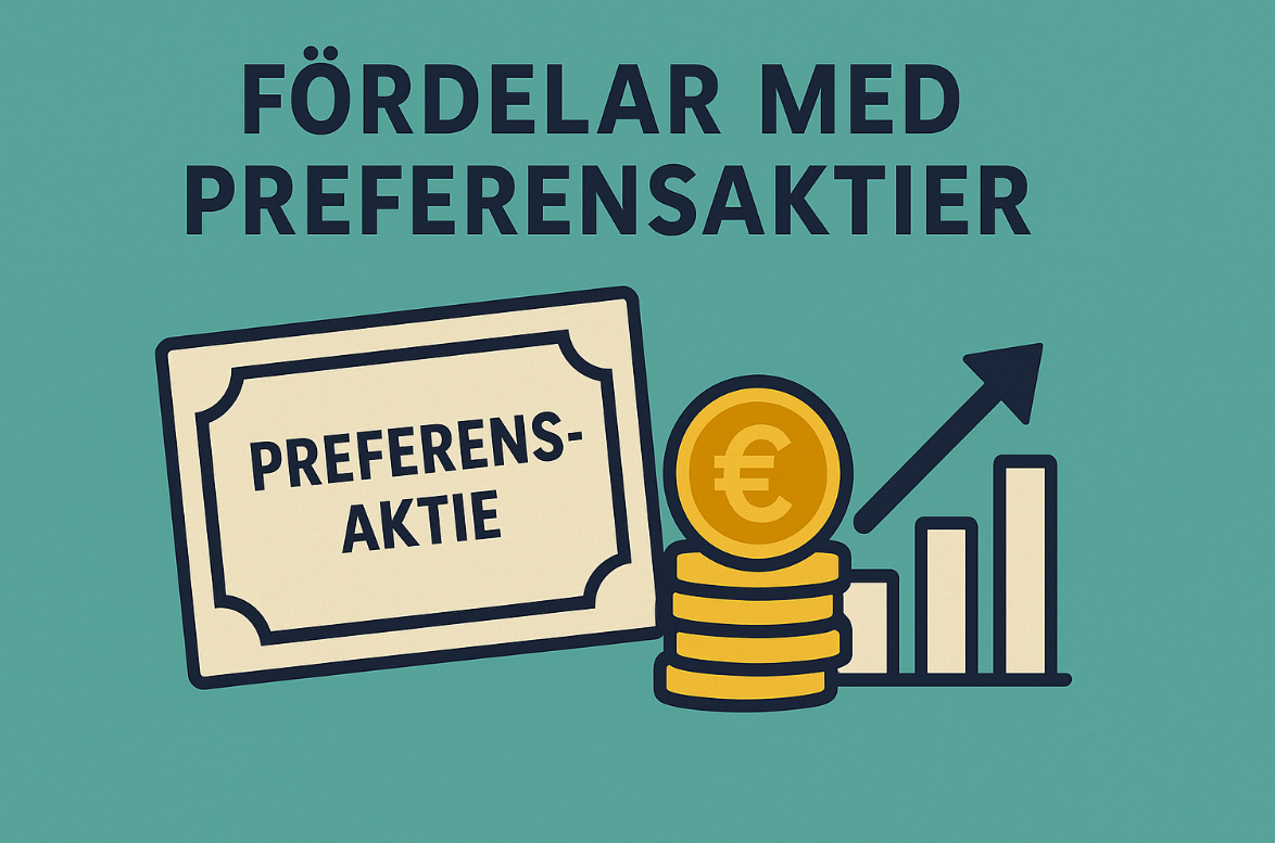 En infografik med rubriken ”FÖRDELAR MED PREFERENSAKTIER” som listar punkter som förutsägbar utdelning, förtur vid utbetalning och lägre risk jämfört med stamaktier, illustrerat med ikoner för pengar och säkerhet.