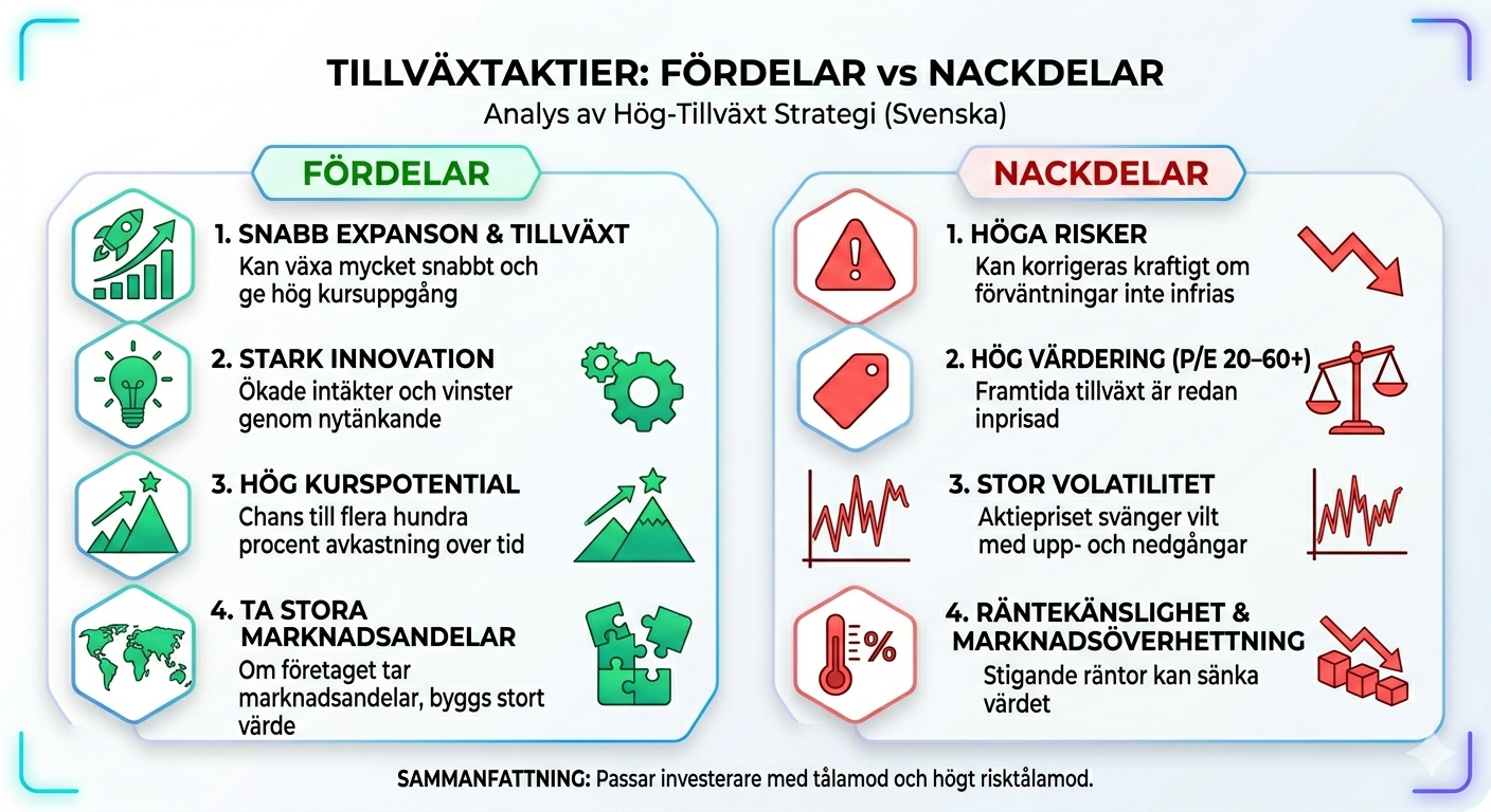 Värdeaktier vs Tillväxtaktier 2026 – Skillnader, Avkastning och Bästa Strategin 2 Samuelssons Rapport En infografik som jämför fördelar och nackdelar med tillväxtaktier. Fördelar inkluderar snabb expansion, innovation, hög kurspotential och marknadsandelar. Nackdelar inkluderar höga risker, hög värdering, stor volatilitet och räntekänslighet.