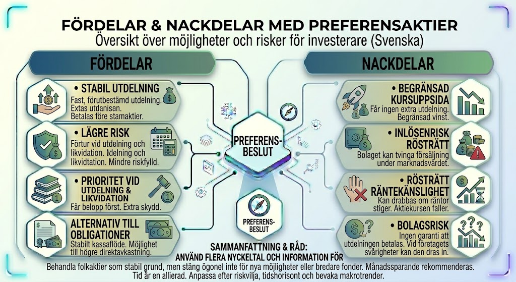 Fördelar, Nackdelar, preferensaktier, investeringsrisk, utdelning, inlösenrisk.