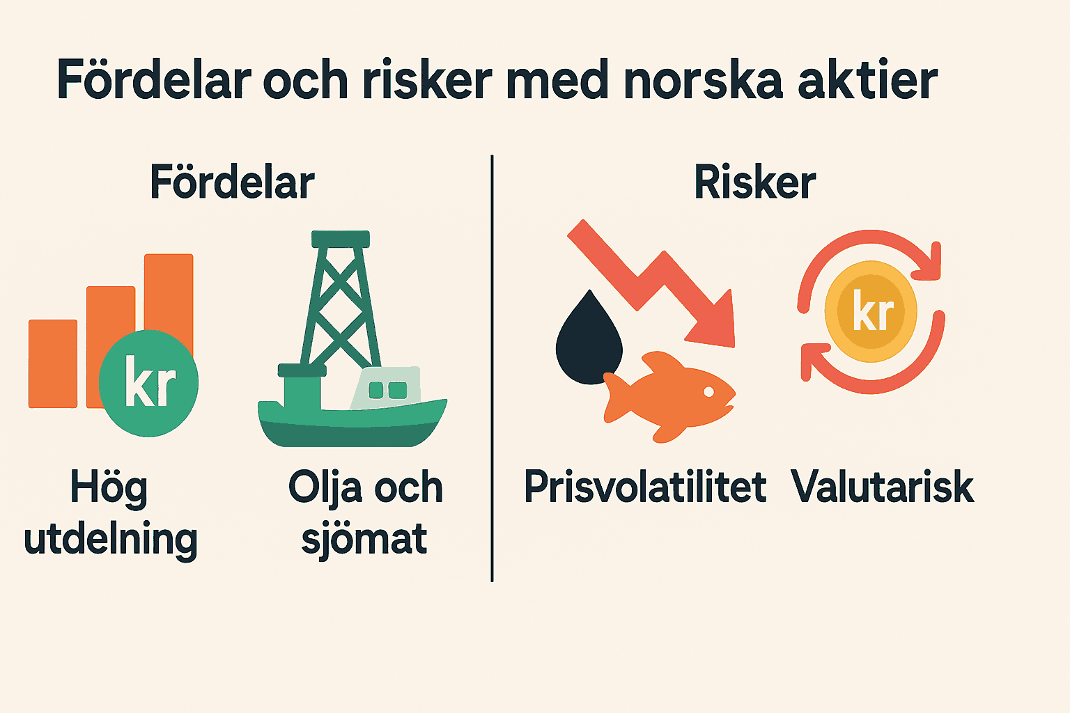 Norska Aktier: Bästa och Mest Köpvärda Aktierna på Oslo Børs (Laxaktier och Mer) 2 Samuelssons Rapport Illustration som visar fördelar och risker med norska aktier: hög utdelning och olja/sjömat som fördelar, prisvolatilitet och valutarisk som risker, i tydlig och färgglad stil