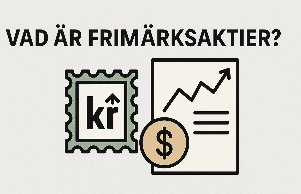 Penny stocks, frimärksaktier, vad det är, risker, strategier, investera i Sverige, illustration av ett frimärke och en aktiegraf.
