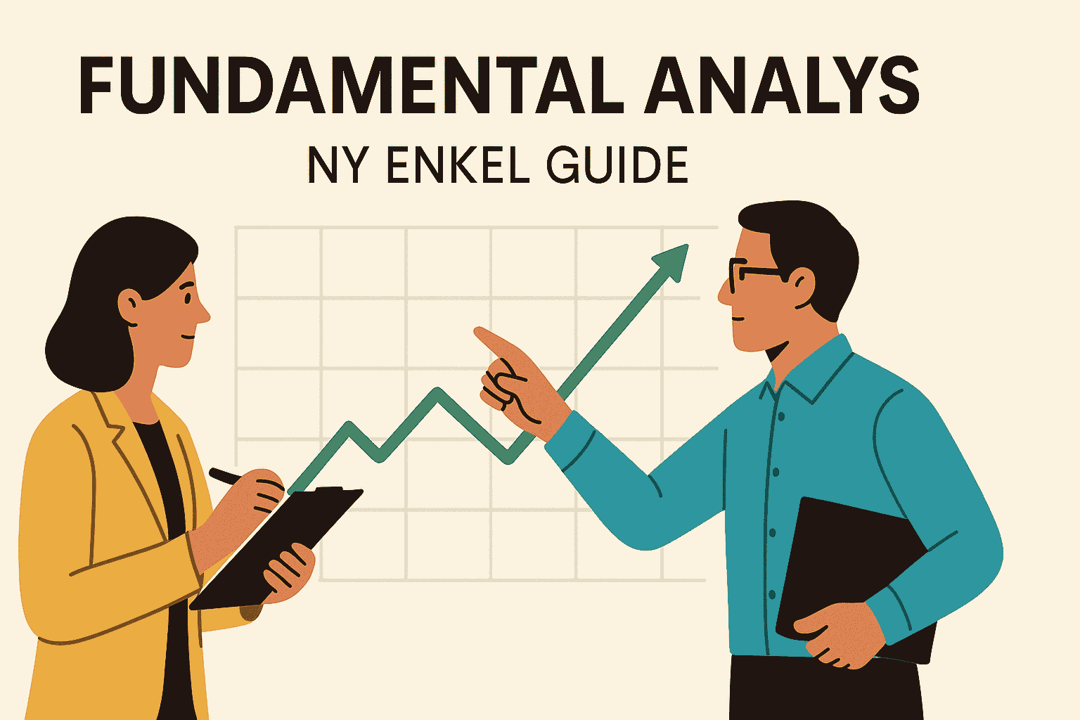 Illustration med två analytiker framför ett uppåtgående diagram och texten Fundamental Analys – Ny Enkel Guide.