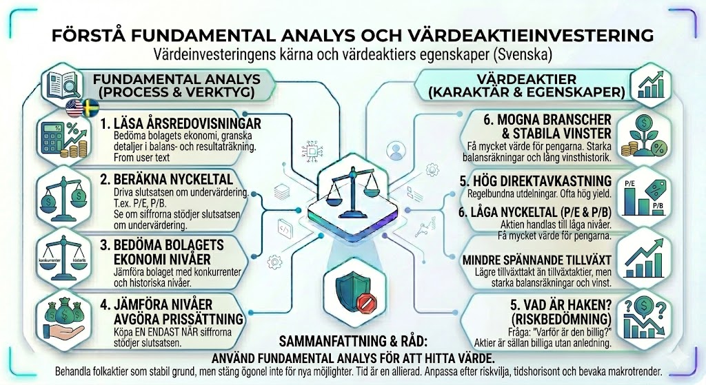 Värdeinvestering guide till värdeaktier warren buffett och undervärderade aktier, fundamental analys, nyckeltal, årsredovisning, direktavkastning, p/e-tal, p/b-tal, riskbedömning.