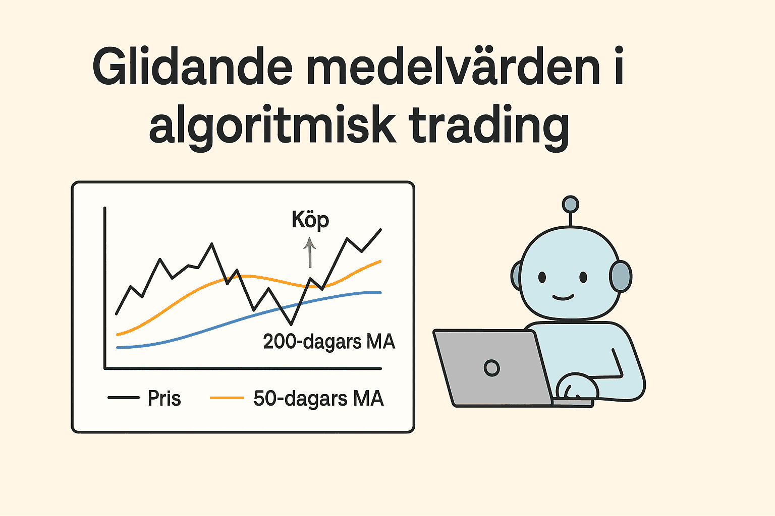 Infografik som visar hur glidande medelvärden används i algoritmisk trading, med köp-signal mellan 50- och 200-dagars medelvärde och en robot som representerar automatiserad handel.