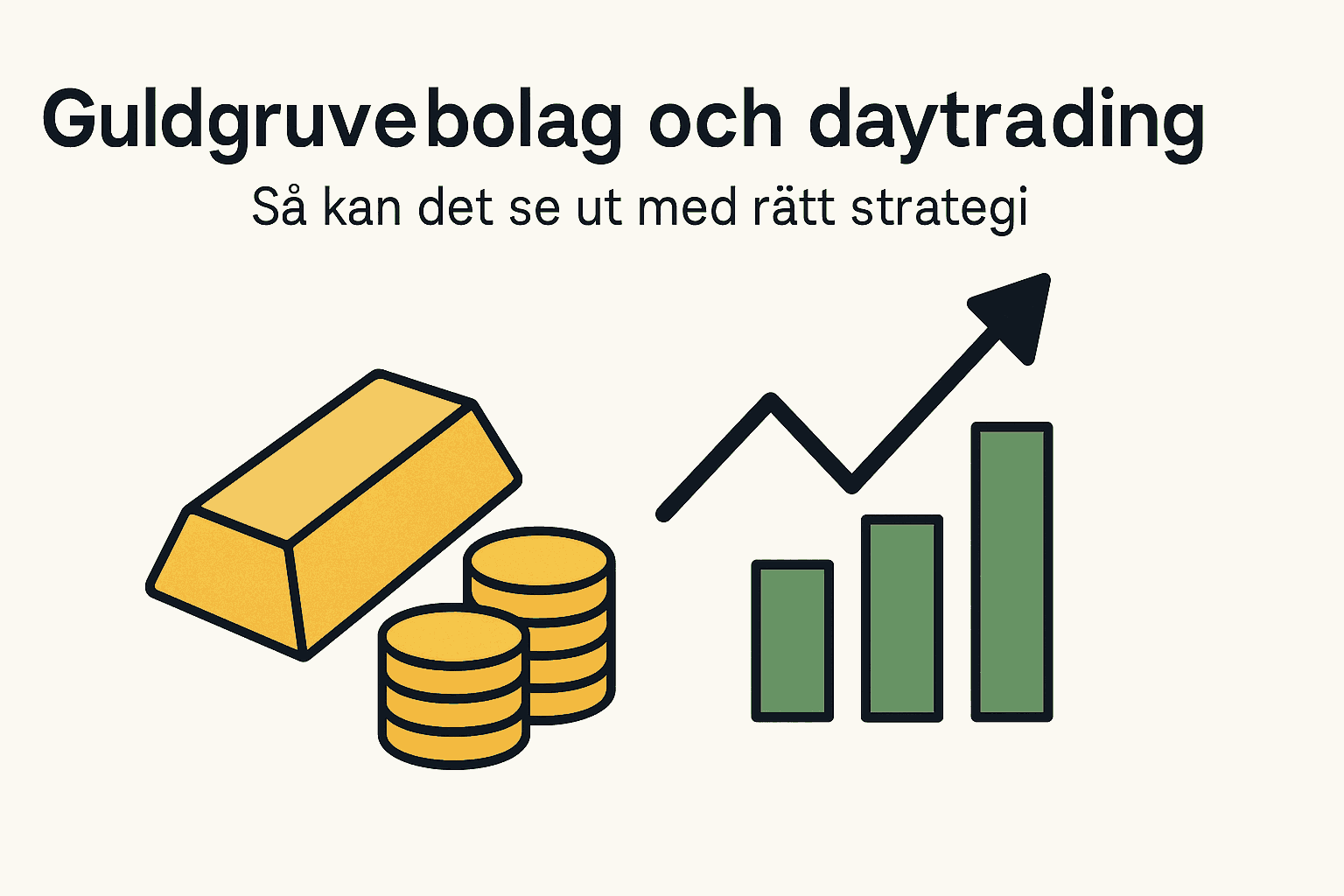 Illustration av guldgruvebolag och daytrading med guldtacka, mynt och stigande stapeldiagram.