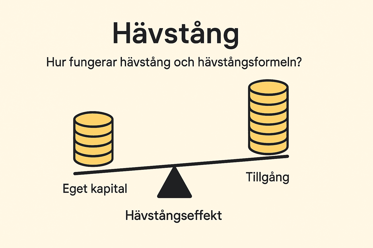 Illustration av hävstångseffekt där en gungbräda visar hur eget kapital på ena sidan påverkar större tillgångar på andra sidan.