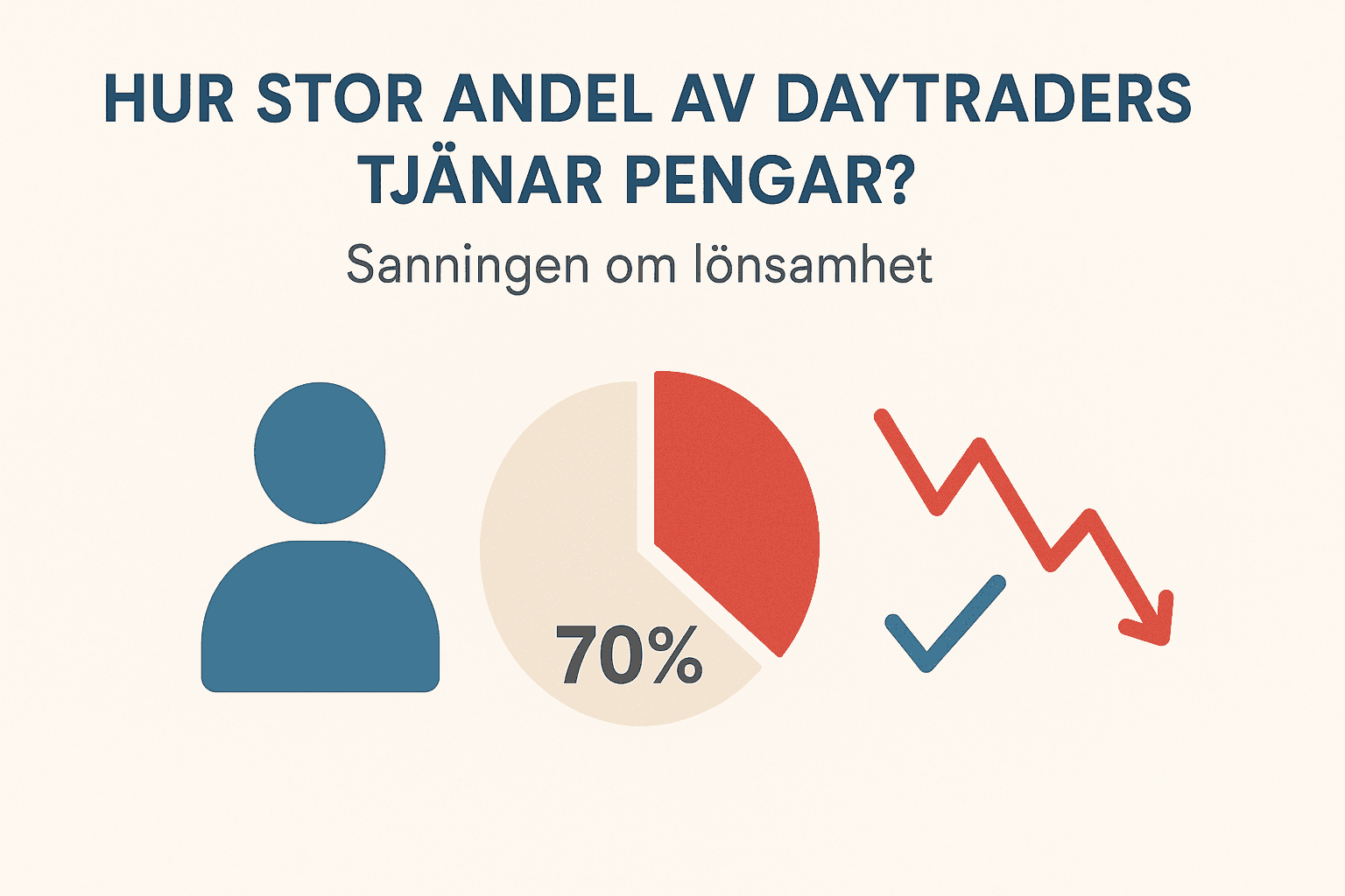 Dina Pengar 236 Samuelssons Rapport Minimalistisk grafik som visar att cirka 70 % av daytraders förlorar pengar, med silhuett, cirkeldiagram och fallande kurva.