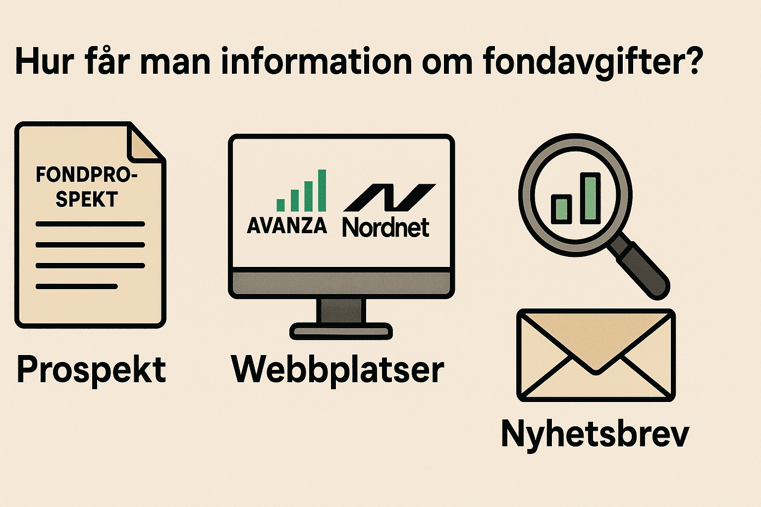 Infografik som visar hur man får information om fondavgifter via prospekt, Avanza och Nordnet, jämförelseverktyg och nyhetsbrev.