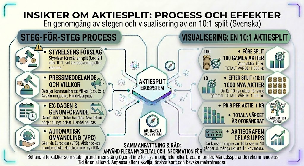 Hur fungerar en aktiesplit, process aktiesplit, steg-för-steg aktiesplit, visualisering 10:1 split, aktiesplit effekter.