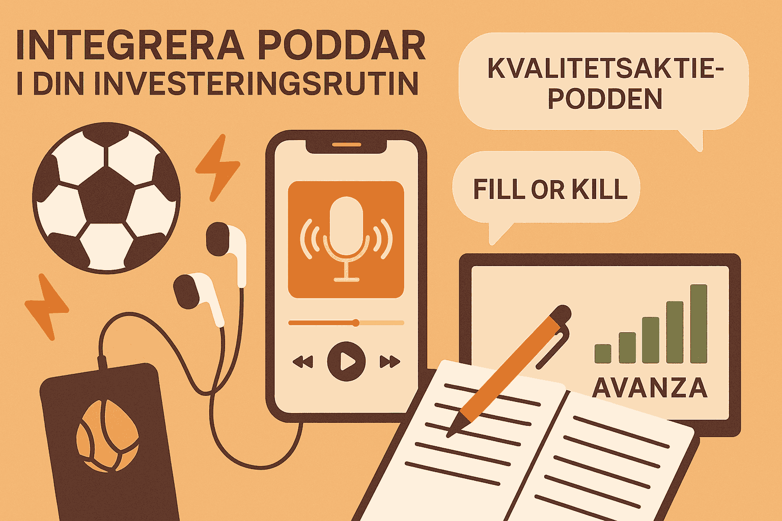 Minimalistisk illustration som visar hur man integrerar poddar i sin investeringsrutin, med mobil, hörlurar, anteckningsbok, och logotyper som Avanza, Fill or Kill och Kvalitetsaktiepodden.