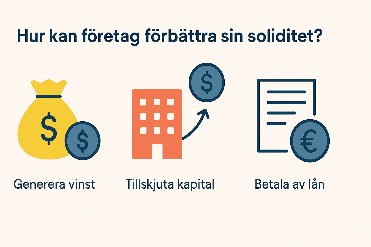 Soliditet, vad betyder det? – Så beräknar du soliditeten med exempel 2 Samuelssons Rapport Infografik som visar tre sätt att förbättra soliditeten: generera vinst, tillskjuta kapital och betala av lån, med ikoner för pengar, byggnad och skulddokument.