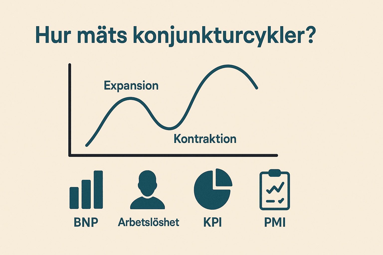 Minimalistisk graf på svenska som visar konjunkturcykler med BNP, arbetslöshet, KPI och PMI som nyckelindikatorer.