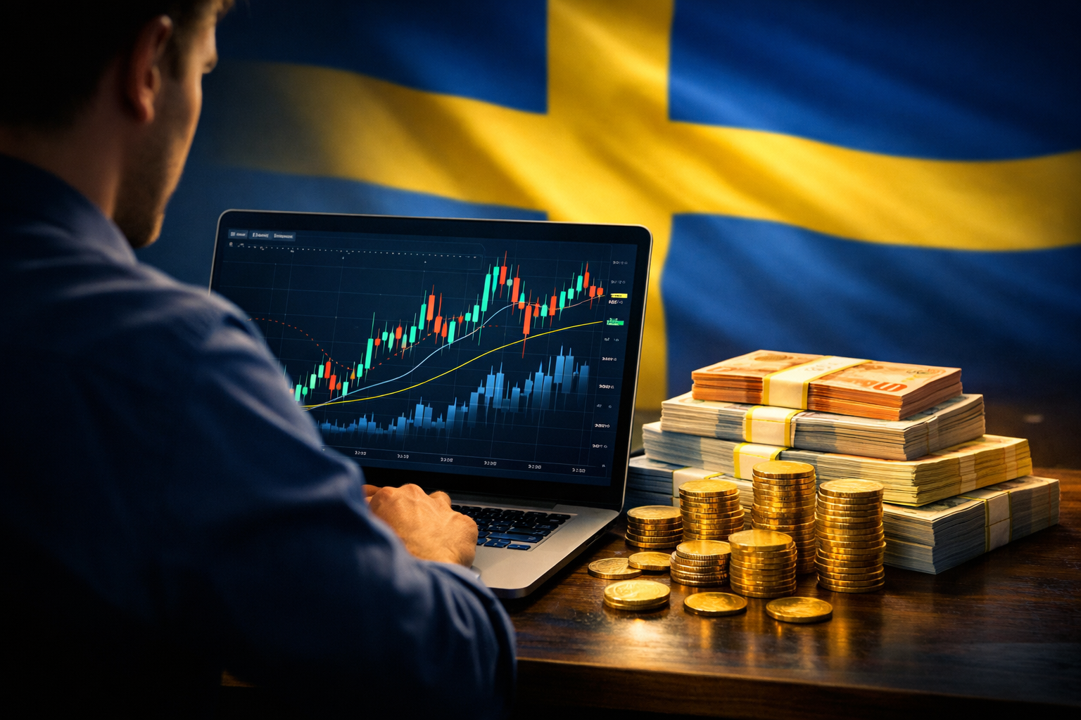 Svensk trader analyserar aktiegrafer på en laptop med staplar av pengar framför sig och svensk flagga i bakgrunden, symboliserar startkapital och trading i Sverige.