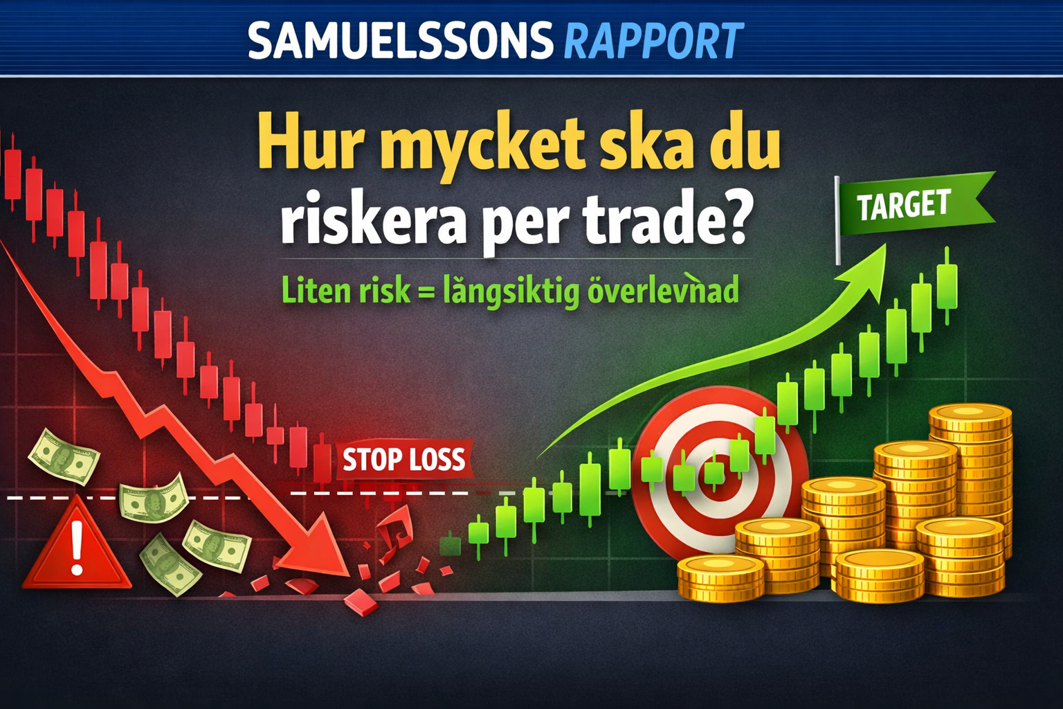 Riskhantering i trading med illustration av stop loss och target samt diagram som visar hur låg risk per trade skyddar kapitalet över tid