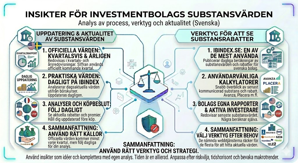 substansrabatt i investmentbolag, infografik om analys av substansvärden, verktyg som ibindex och kalkylatorer för att hitta bästa köplägen.