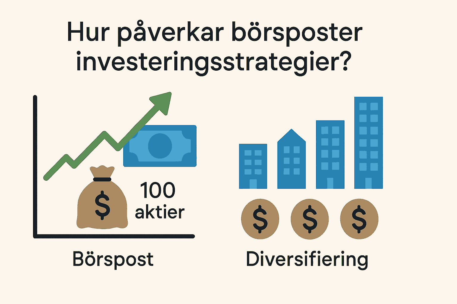Minimalistisk illustration som visar hur börsposter (t.ex. 100 aktier) påverkar investeringsstrategier och möjligheten till diversifiering.