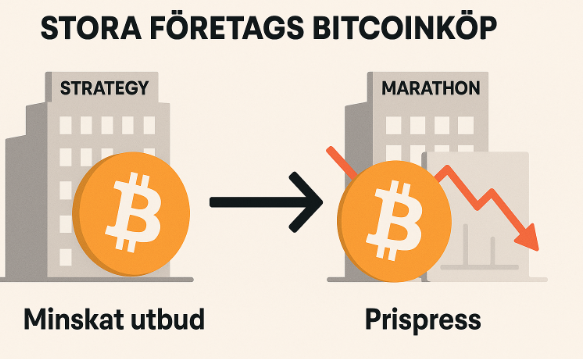 hur stora företags bitcoinköp påverkar priset, minskat utbud, prispress, Strategy, Marathon, Bitcoin treasury företag i år.