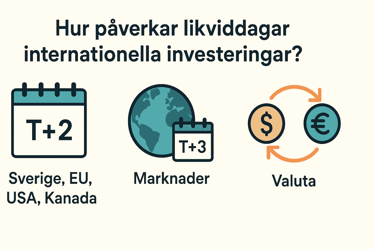 Infografik som visar hur olika likviddagar och valutor påverkar internationella investeringar, med exempel på T+2 och T+3.