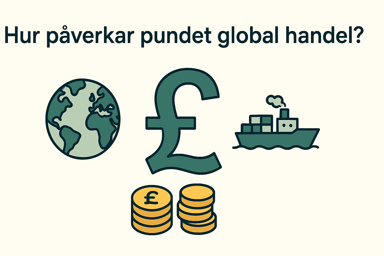 Minimalistisk illustration som visar hur det brittiska pundet påverkar global handel med export, import och svenska företags lönsamhet.