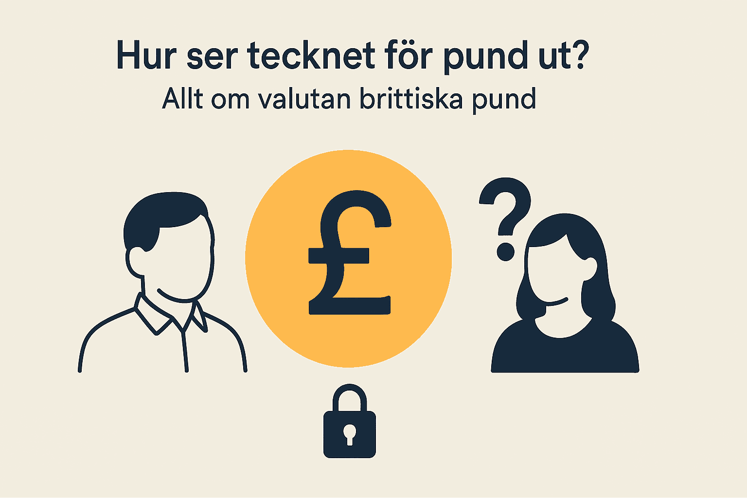 Dina Pengar 212 Samuelssons Rapport Minimalistisk infographic med texten Hur ser tecknet för pund ut? Allt om valutan brittiska pund, och en stor £-symbol i mitten med figurer runt.