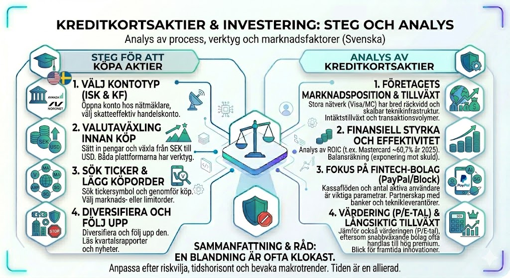 guide för att köpa kreditkortsaktier, analys av fintech-bolag, steg för aktieinvestering, Visa och Mastercard analys, bästa kreditkortsaktierna i år.