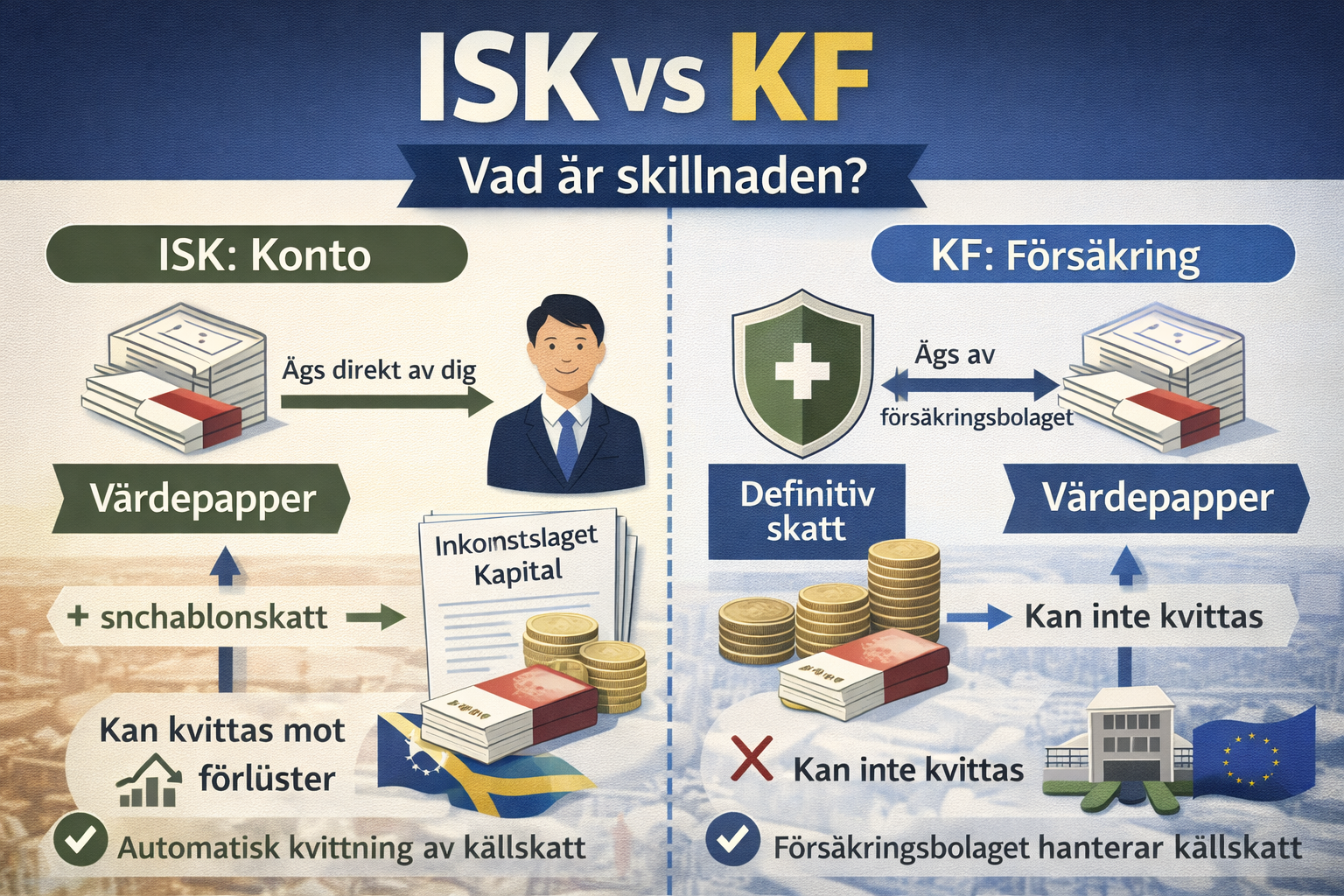 ISK vs KF skillnader mellan konto och kapitalförsäkring med fokus på skatt, ägande och källskatt
