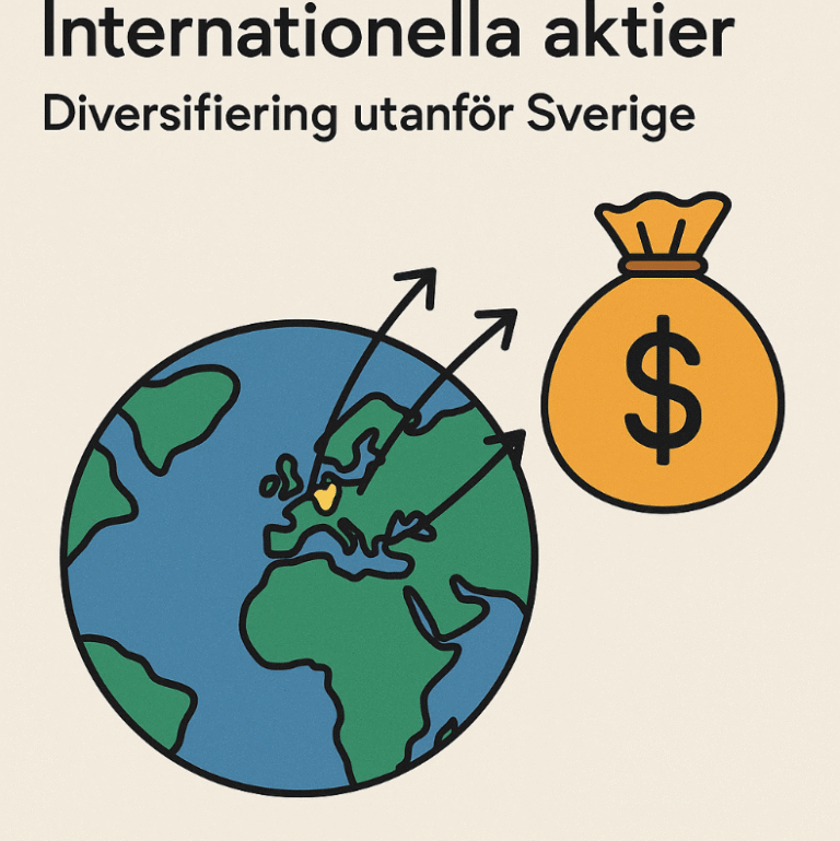 En illustration som visar internationella aktier med en jordglob omgiven av olika valutasymboler som dollar, euro och yen, samt texten ”Internationella aktier – Diversifiering utanför Sverige”.