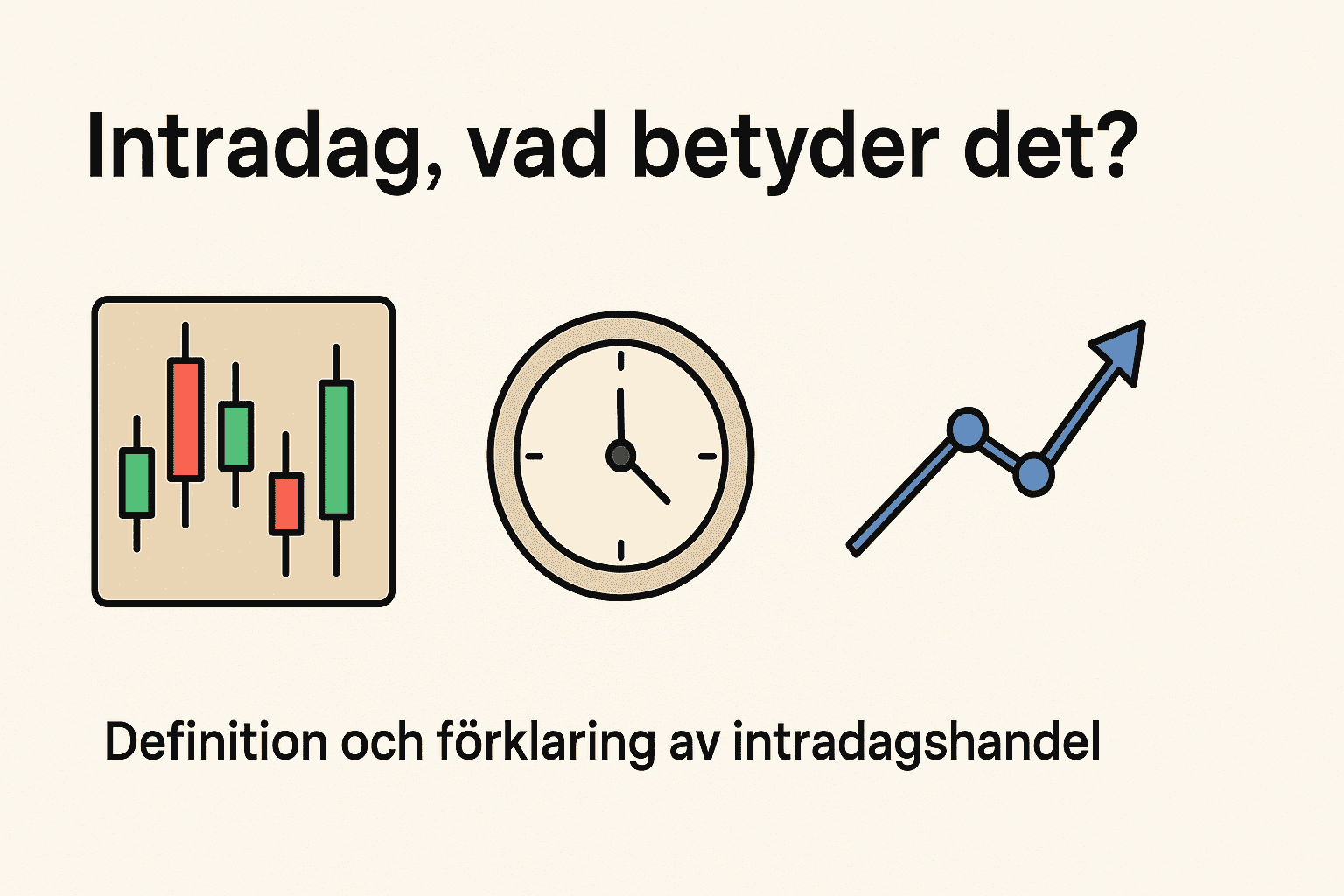 Dina Pengar 209 Samuelssons Rapport En svensk infographic med texten Intradag, vad betyder det? samt ikoner av ett candlestick-diagram, en klocka och en stigande aktiegraf.