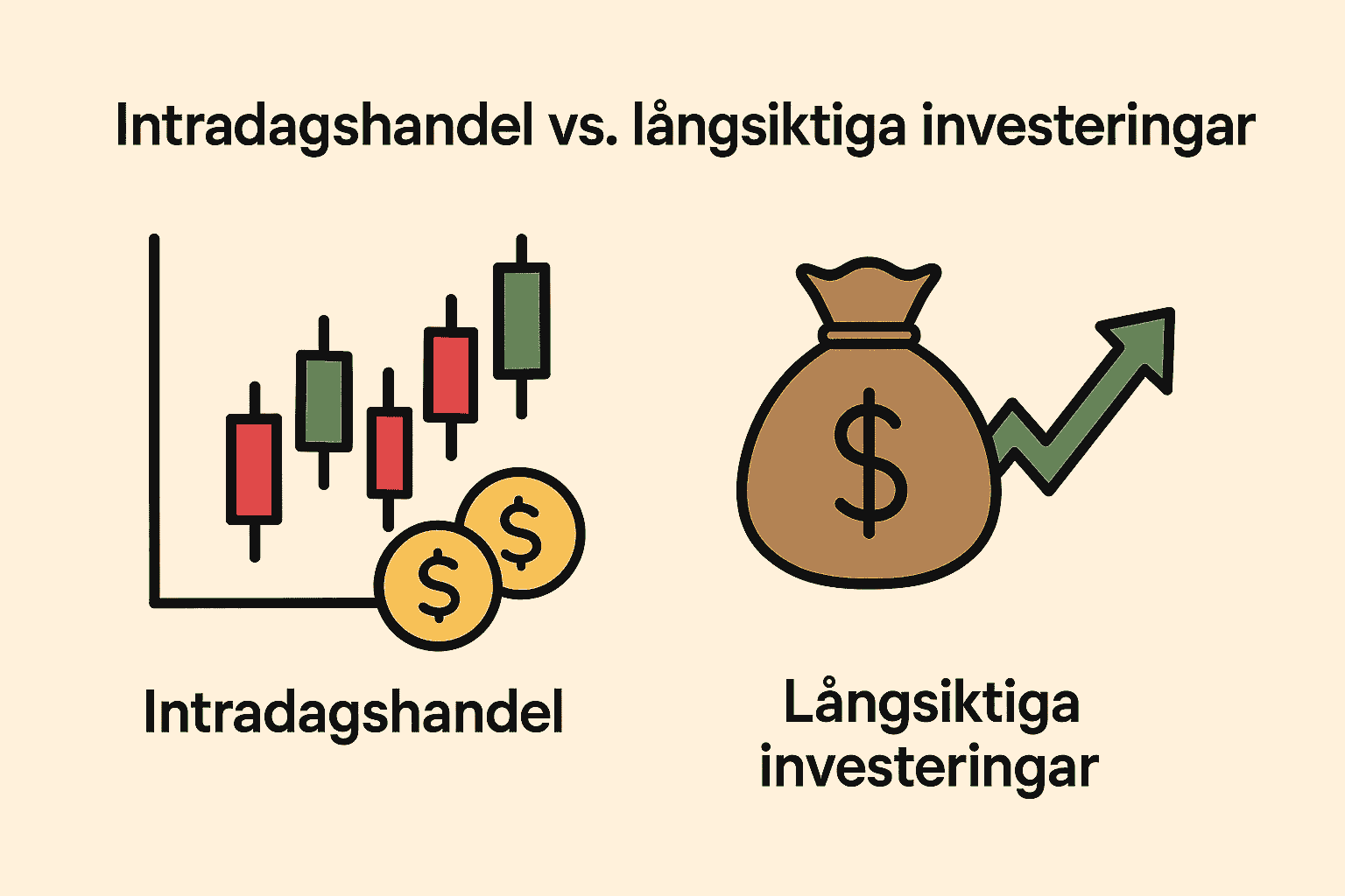 En illustration som jämför intradagshandel med långsiktiga investeringar. Till vänster visas en candlestick chart med pengar, som representerar intradagshandel, och till höger en pengapåse med en uppåtgående pil, som symboliserar långsiktiga investeringar.