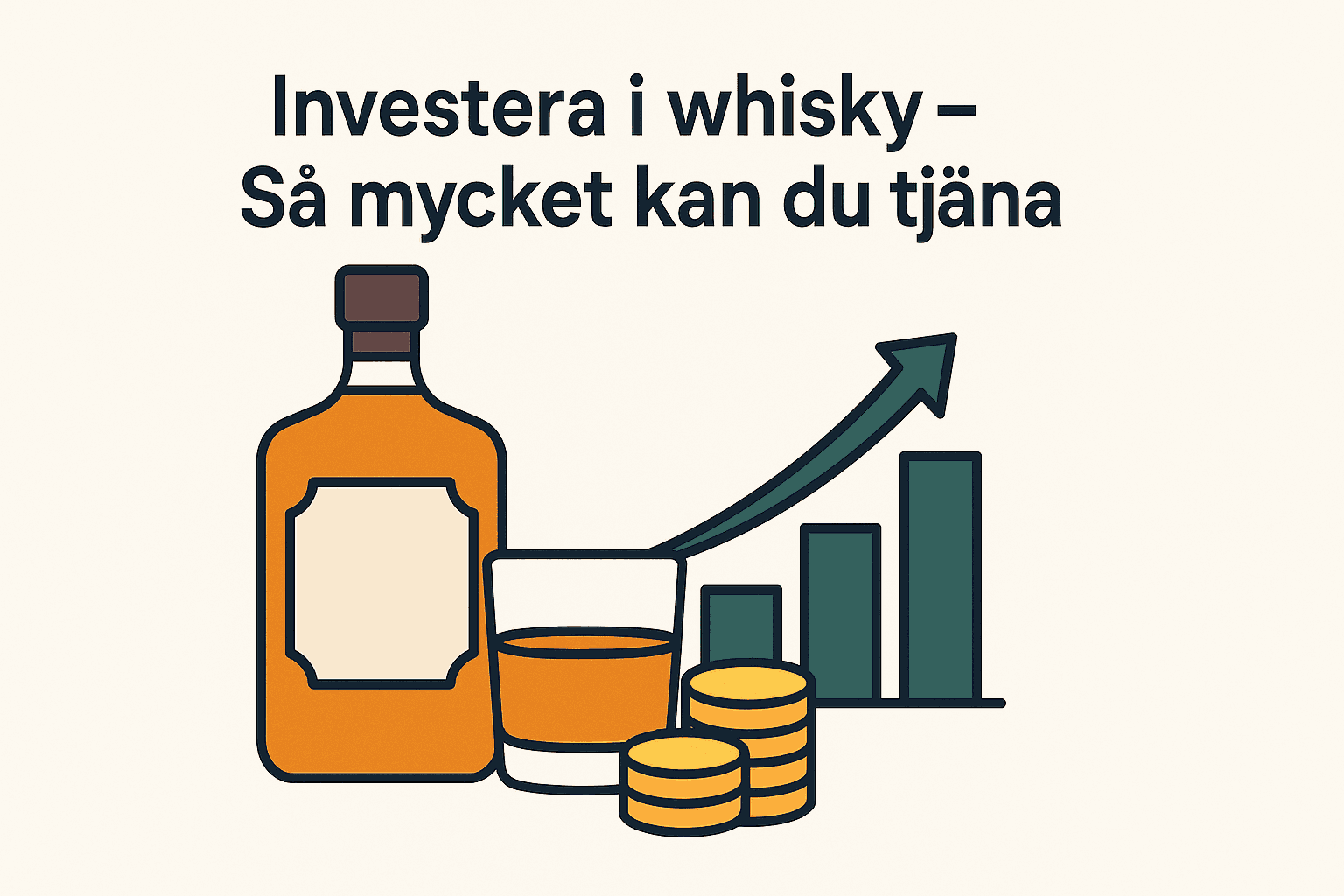 Illustration av en whiskyflaska, ett glas, stapeldiagram och mynt – symboliserar potentiell avkastning från whiskyinvesteringar.