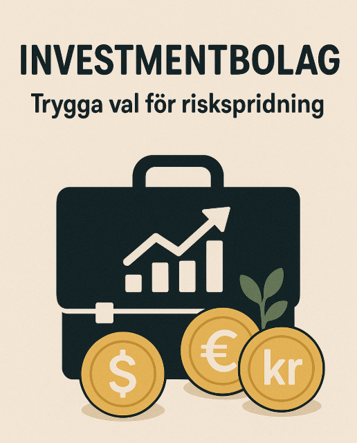 En illustration av en portfölj med en uppåtgående graf, mynt i olika valutor (dollar, euro, kronor) och texten "Investmentbolag - Trygga val för riskspridning".