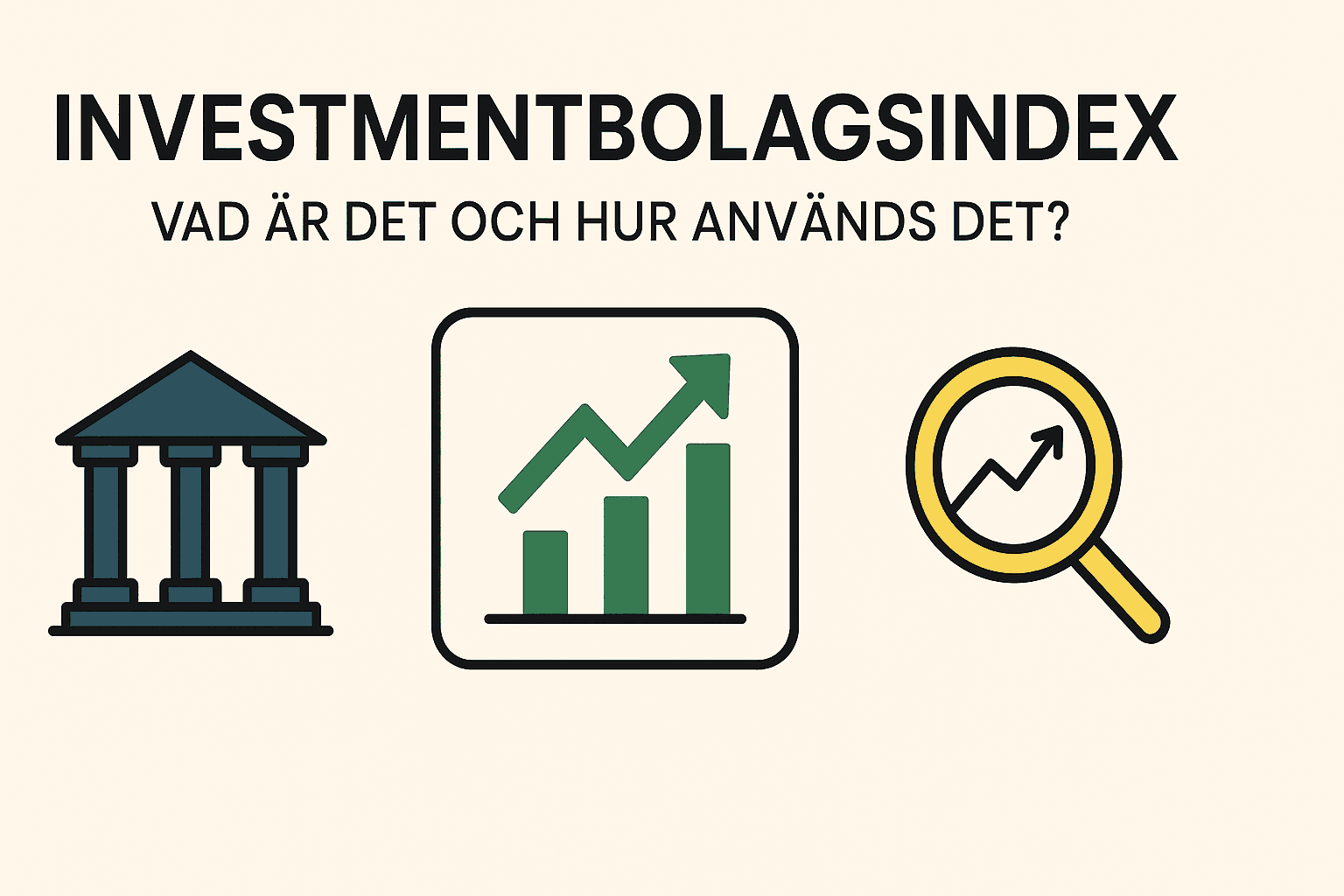 Infografik som visar investmentbolagsindex med symboler för finansinstitution, tillväxt och analys.