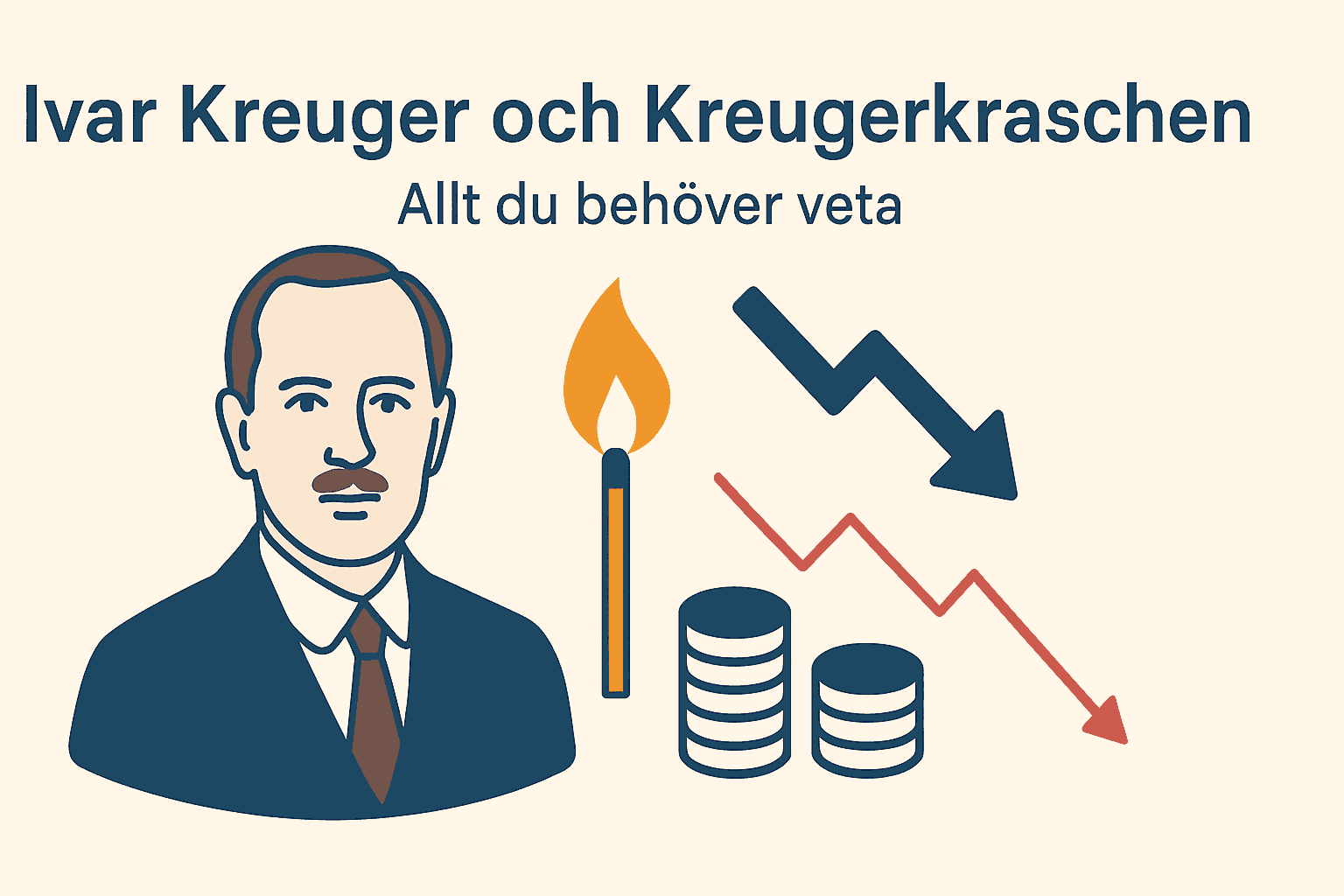Minimalistisk illustration av Ivar Kreuger, en brinnande tändsticka, fallande pilar och minskade pengastaplar som symboliserar Kreugerkraschen.