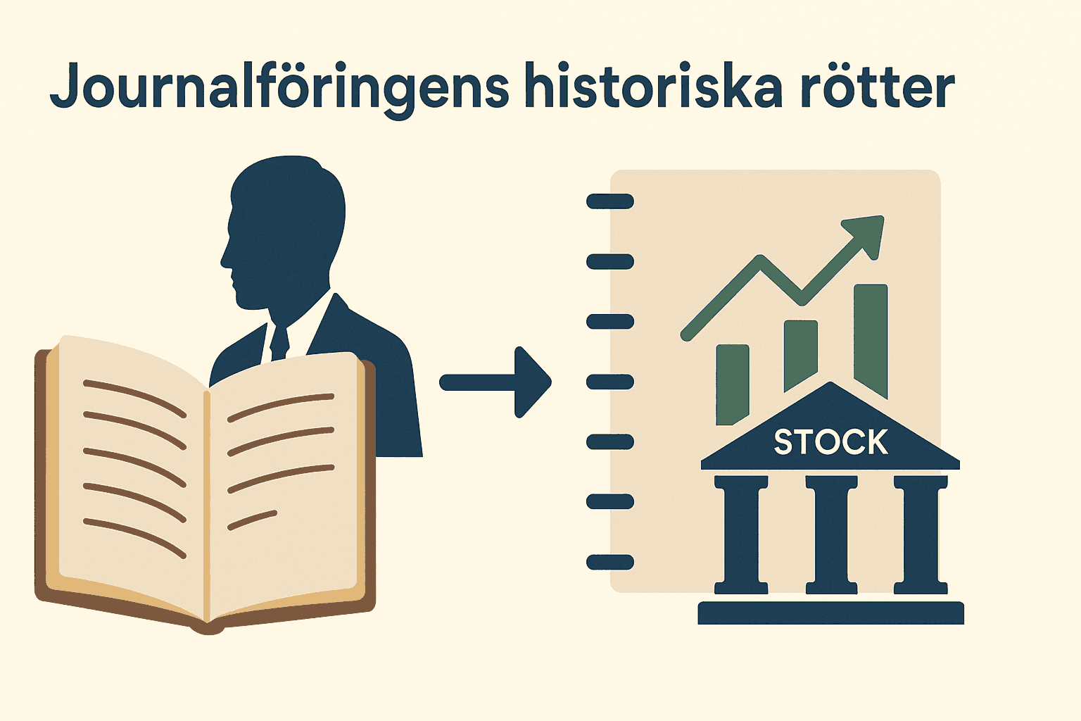 Illustration som visar övergången från historisk journalföring (öppen bok och siluett av man) till modern tradingjournal (notisblock med börs- och diagramikon).