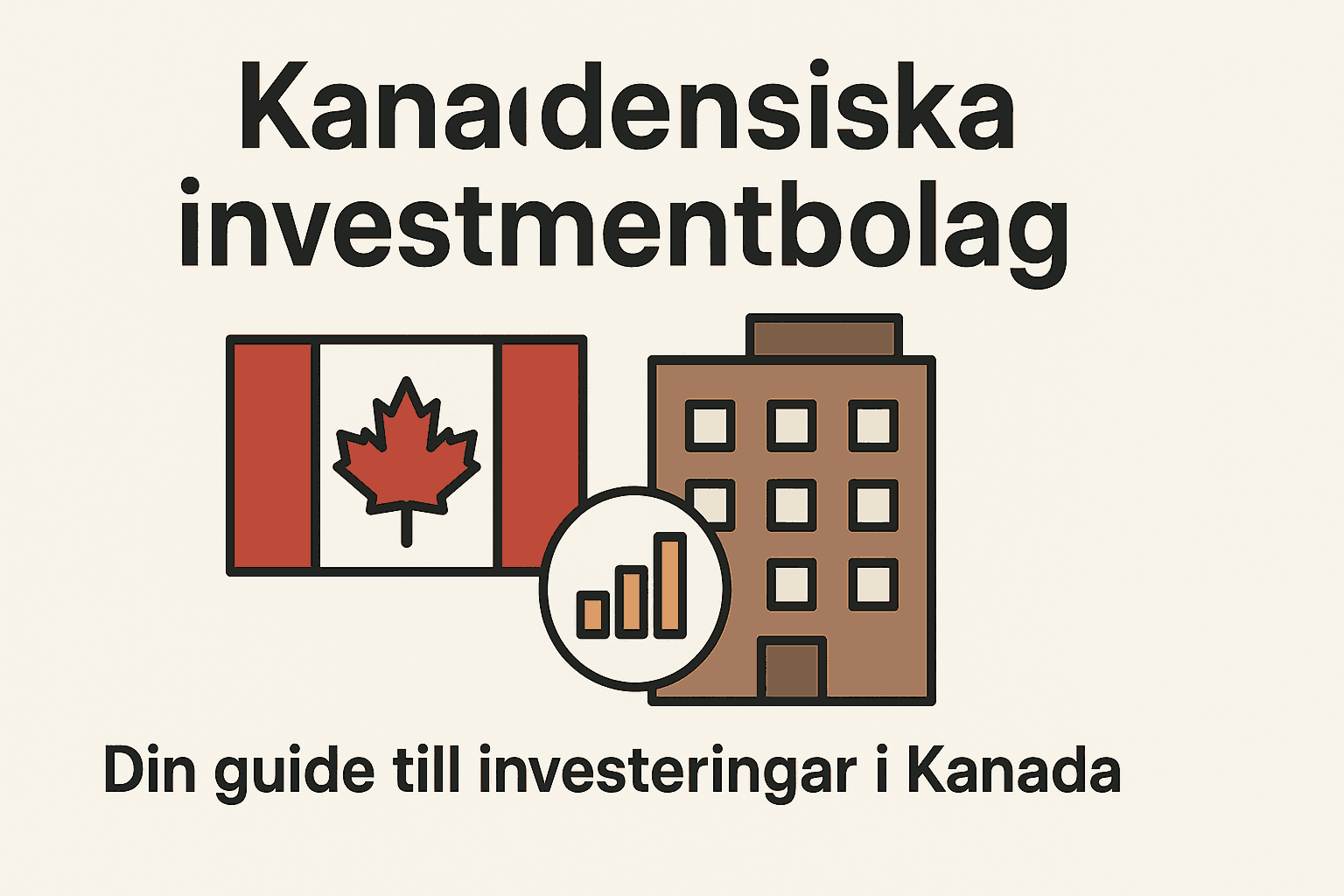 Illustration med kanadensisk flagga, kontorsbyggnad och stapeldiagram som symboliserar investmentbolag.