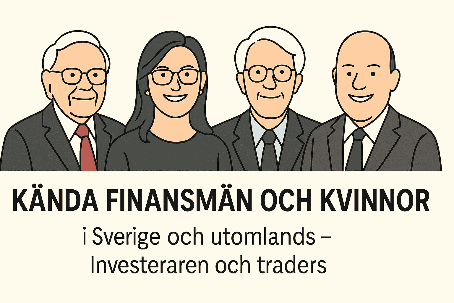 Illustration av fyra kända finanspersonligheter – två män och två kvinnor – med rubrik om investerare och traders.