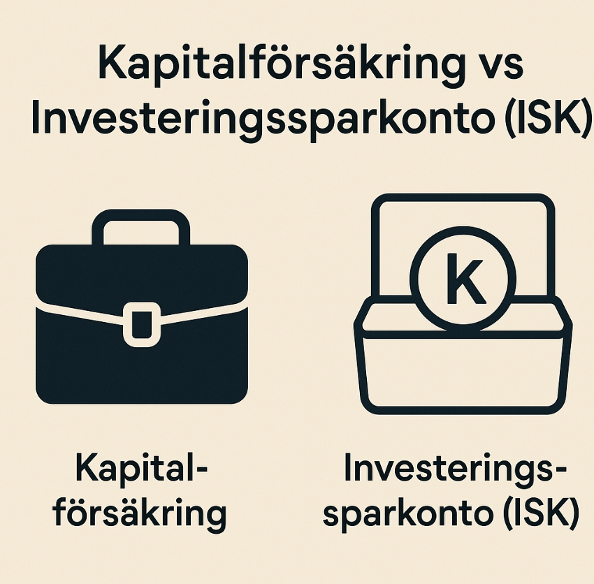 En jämförelsebild med titeln "Kapitalförsäkring vs Investeringssparkonto (ISK)" som visar en portföljikon för Kapitalförsäkring och en öppen box med ett K-mynt för Investeringssparkonto.