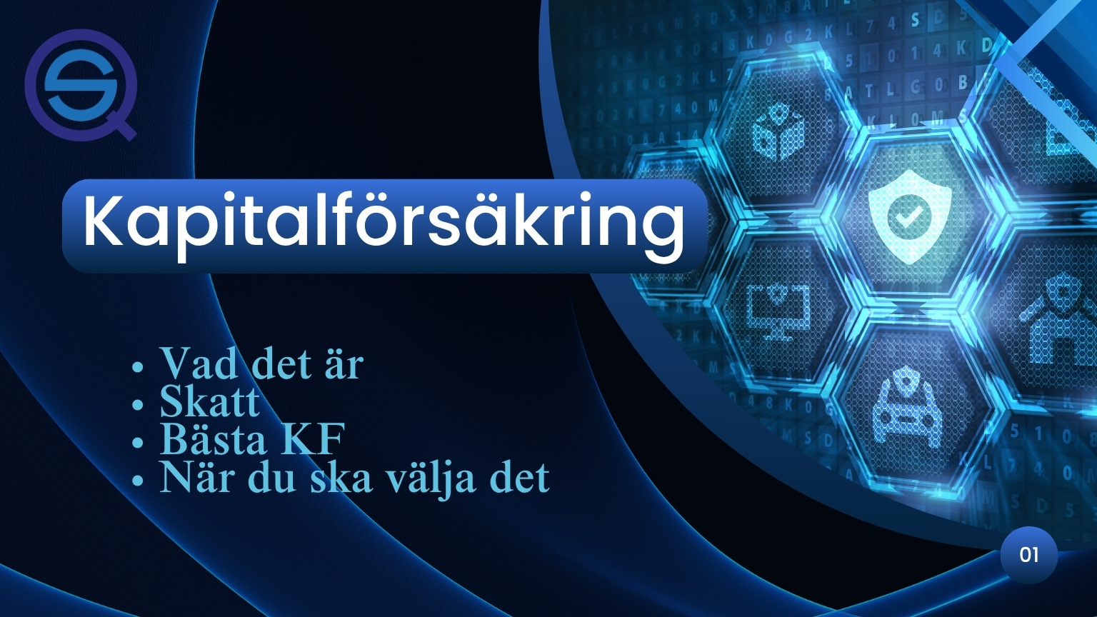 Dina Pengar 302 Samuelssons Rapport En mörkblå grafik med texten "Kapitalförsäkring" och en punktlista som täcker vad det är, skatt, bästa KF och när man ska välja det, prydd med digitala säkerhetsikoner.