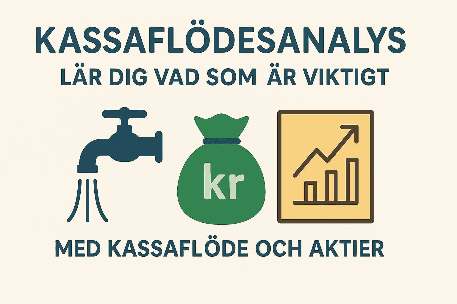 Dina Pengar 239 Samuelssons Rapport Minimalistisk illustration med kran, pengasäck och stapeldiagram som symboliserar kassaflödesanalys och aktier.