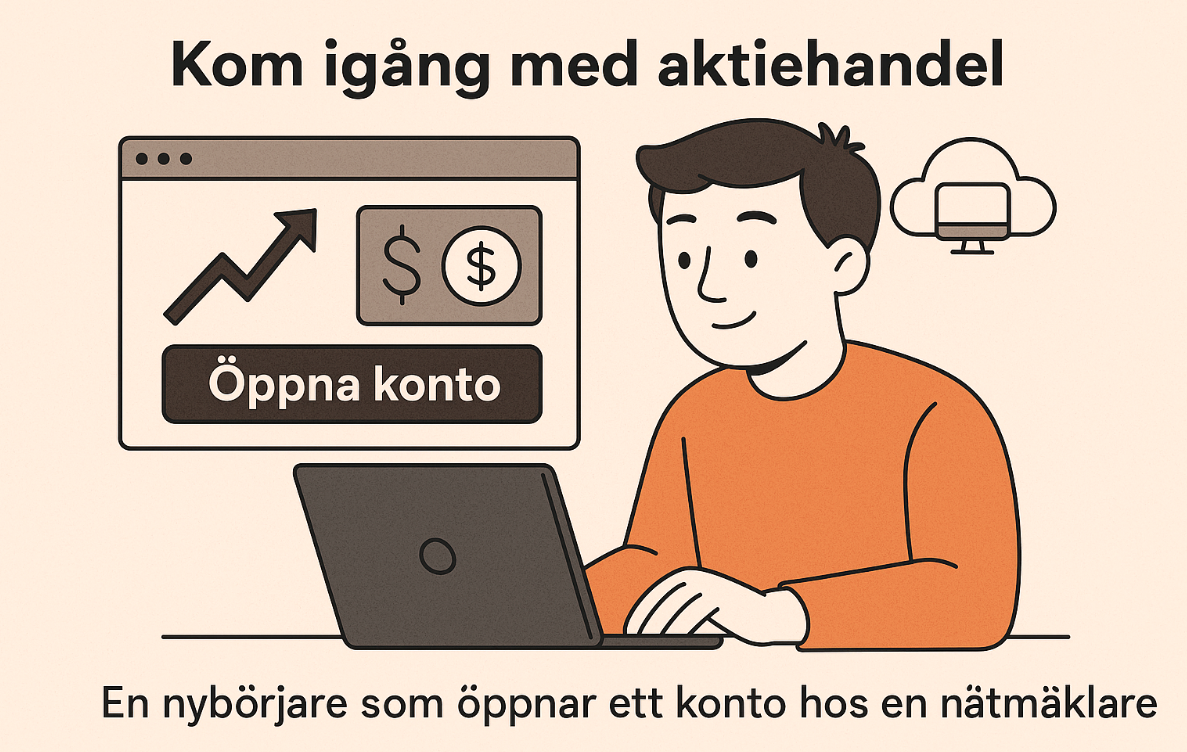 En illustration av en person som sitter vid en dator för att öppna ett konto hos en nätmäklare, med symboler för aktiegrafer och pengar i bakgrunden.