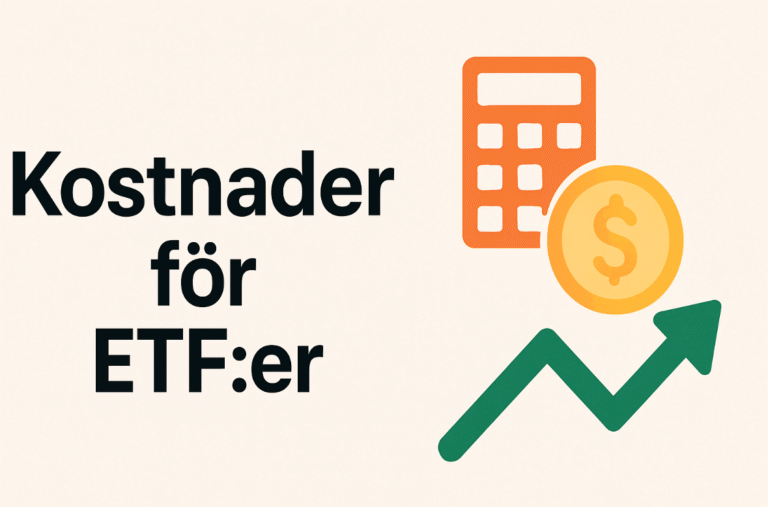 Illustration som visar texten "Kostnader för ETF:er" tillsammans med ikoner för en kalkylator, ett dollarmynt och en stigande grön pil som symboliserar tillväxt.