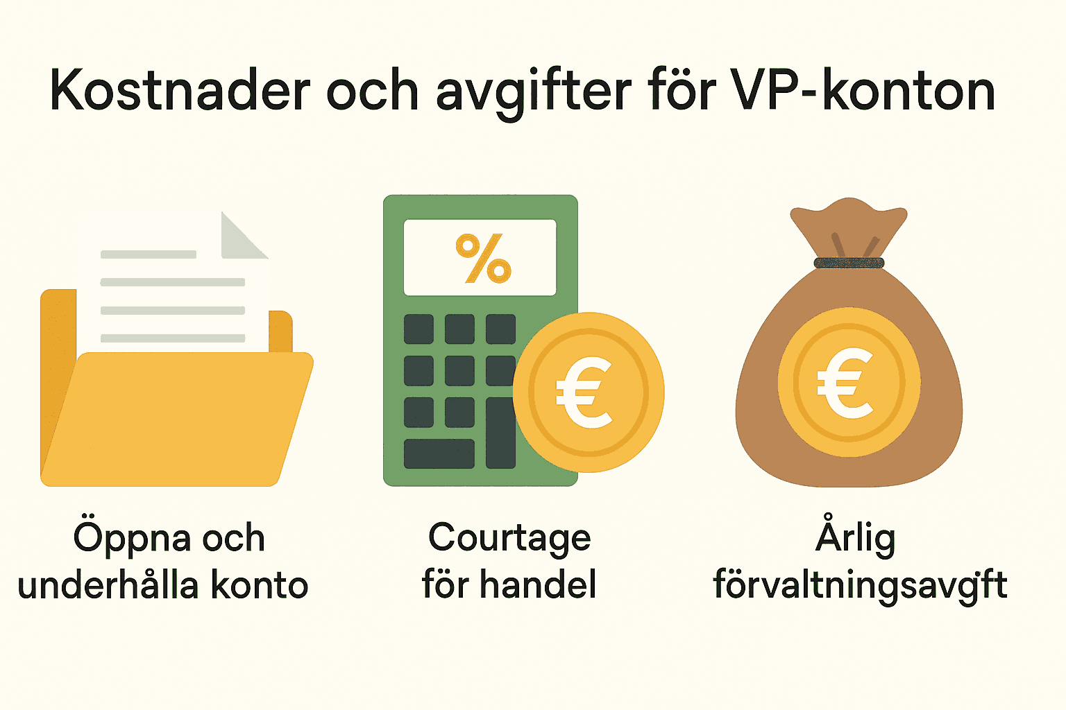 VP-konto: Vad är det? – Komplett Förklaring och Definition av VP-konton 2 Samuelssons Rapport Enkel illustration som visar tre kostnader för VP-konton: öppna/underhålla konto, courtage för handel och årlig förvaltningsavgift.