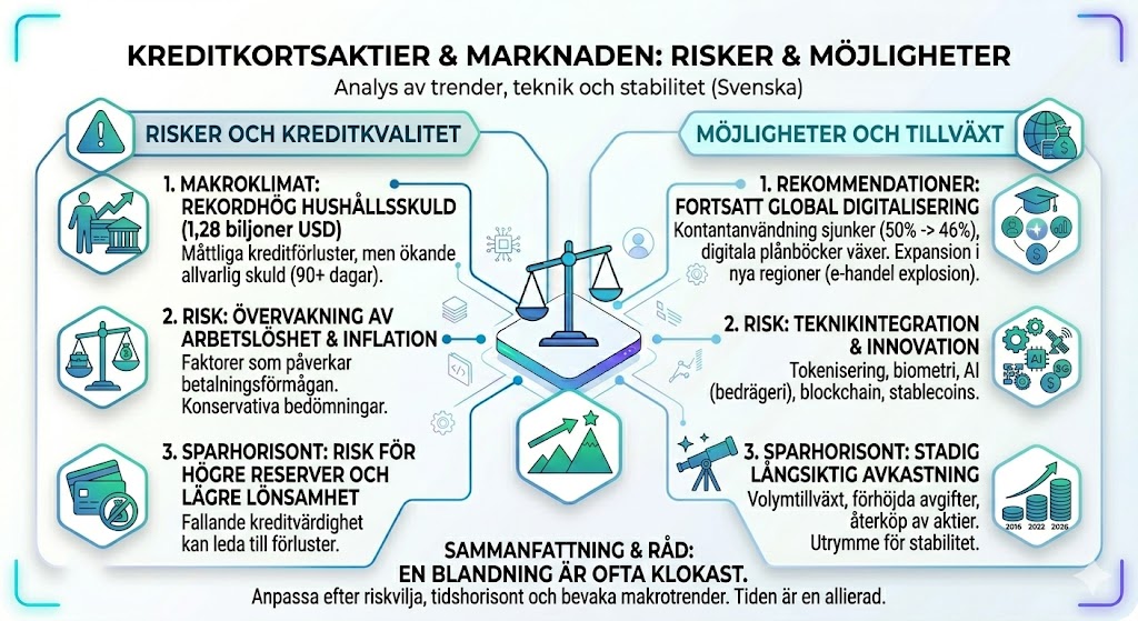 En infografik som analyserar kreditkortsaktier och marknaden 2026, med fokus på risker som hushållsskulder samt möjligheter genom global digitalisering.