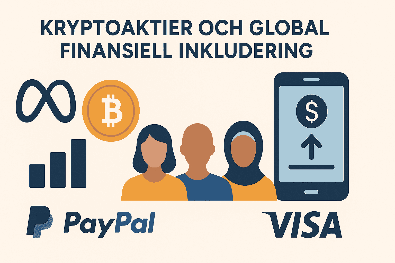 En infografik med titeln ”KRYPTOAKTIER OCH GLOBAL FINANSIELL INKLUDERING” som visar logotyper för PayPal, Visa, Meta och Bitcoin tillsammans med siluetter av människor och en smartphone.