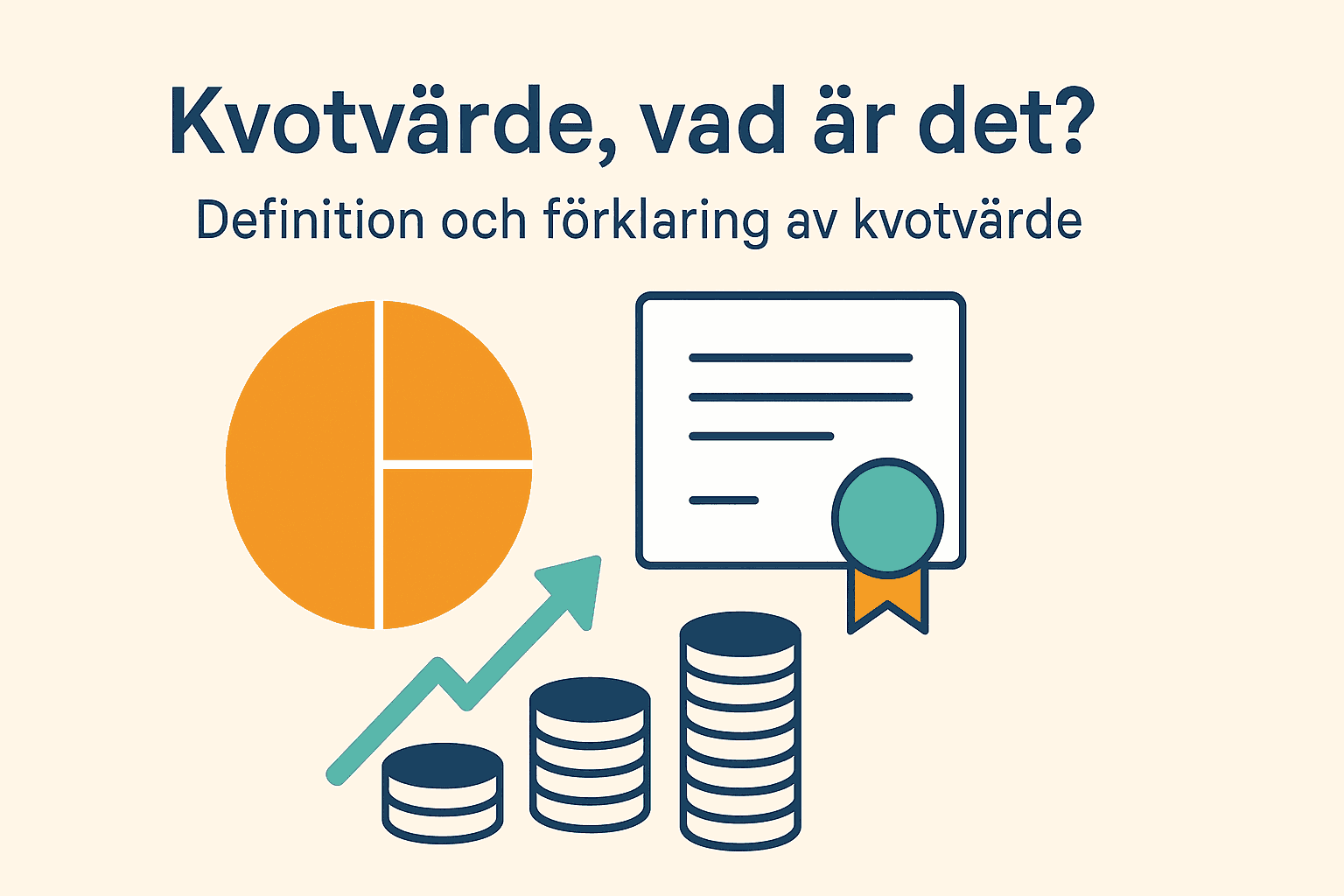 Dina Pengar 224 Samuelssons Rapport Minimalistisk illustration som visar ett kvotvärde med symboler för aktiecertifikat, staplade mynt, ett uppåtgående diagram och ett cirkeldiagram.