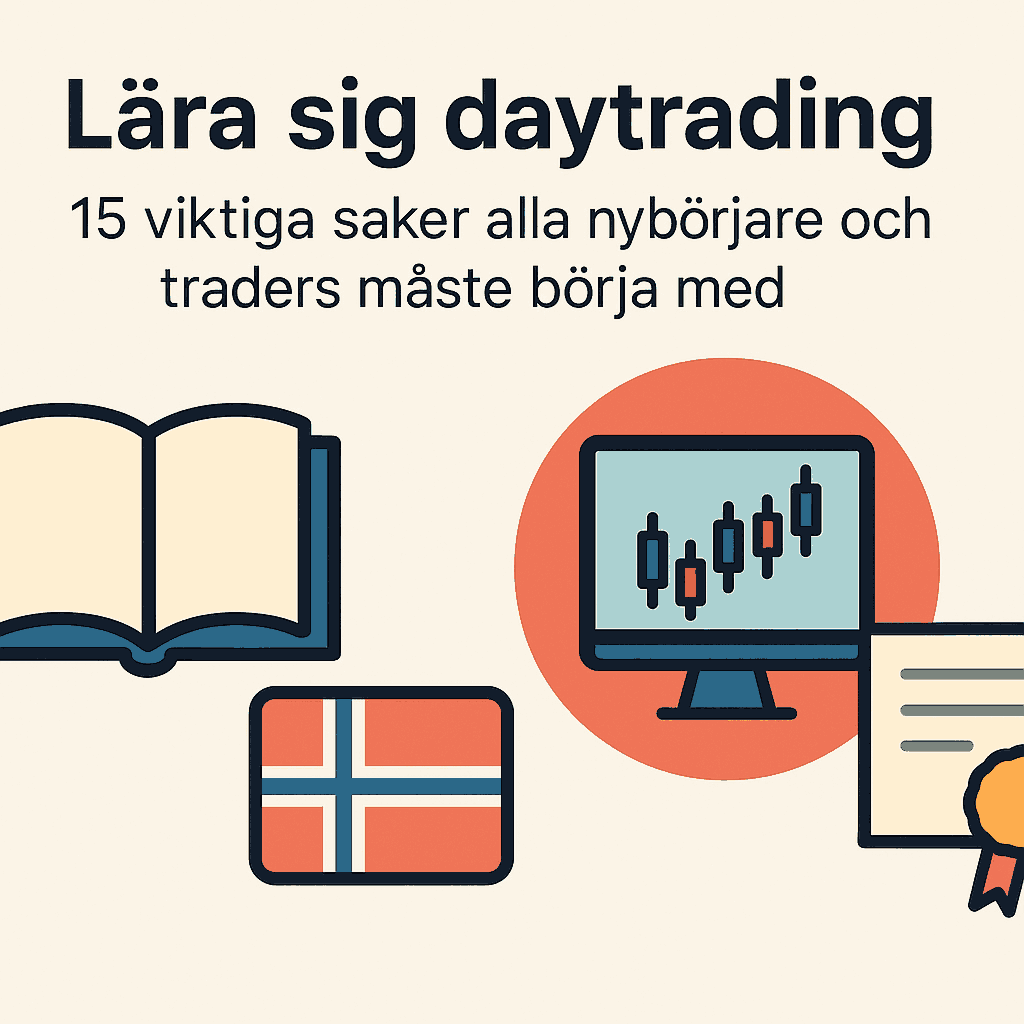 Dina Pengar 257 Samuelssons Rapport illustration med bok, datorskärm med candlestickdiagram och diplom som symboliserar utbildning i daytrading.