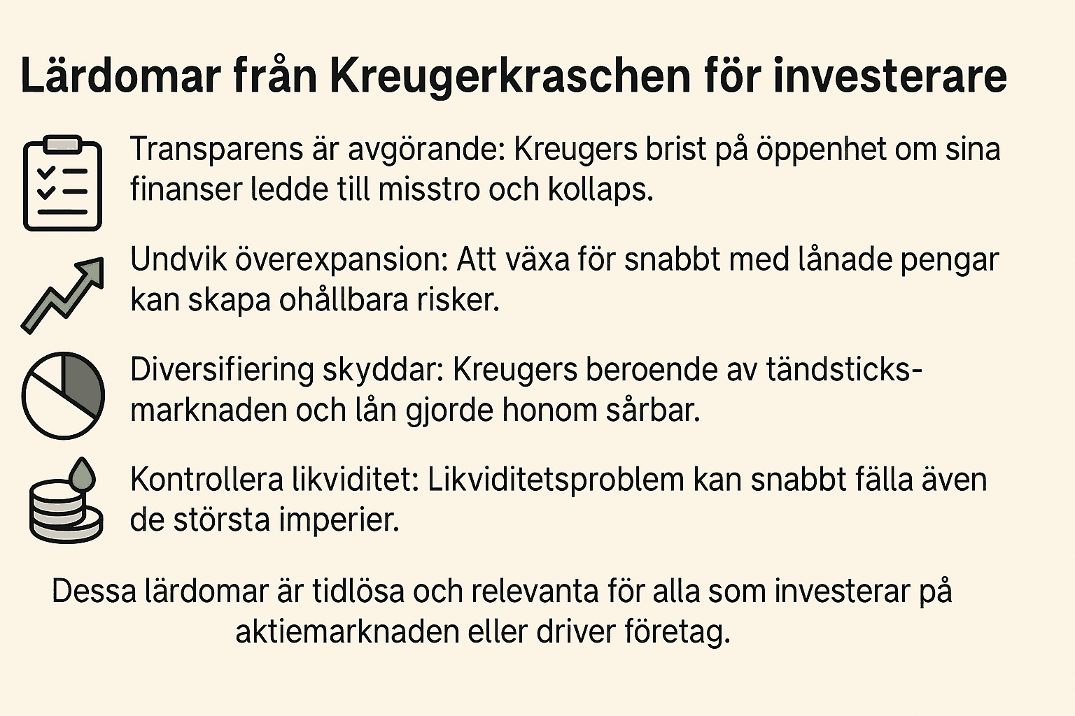 Minimalistisk infographic på svenska med rubriken ”Lärdomar från Kreugerkraschen för investerare” och ikoner för transparens, tillväxt, diversifiering och likviditet.